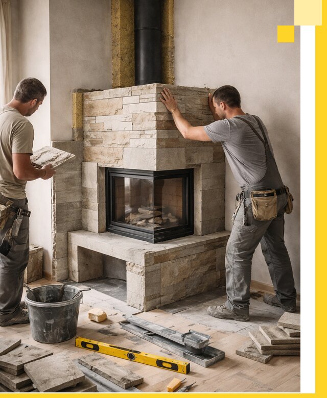 Угловые камины под ключ проект, монтаж и отделка в Пскове