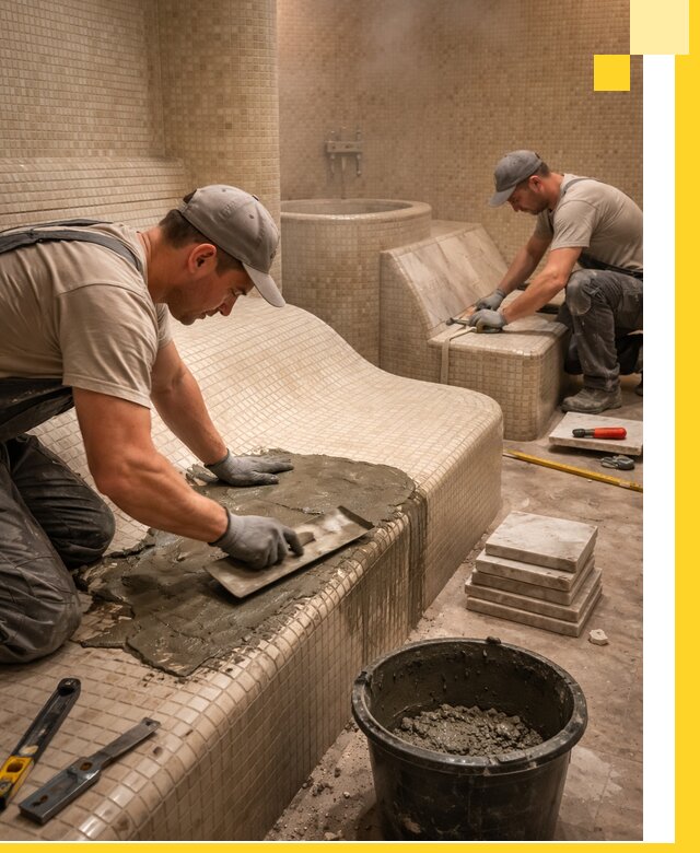 Лежаки для хамама под ключ в Пскове, проект и монтаж