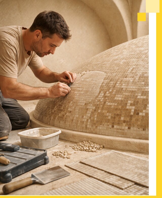 Профессиональная укладка мозаики для хамама под ключ в Пскове